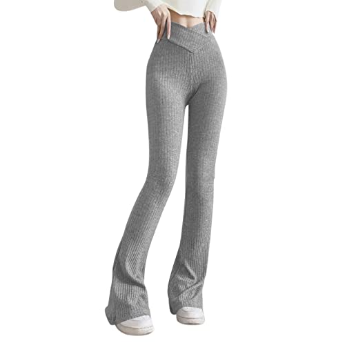 Generisch Flared Leggings Tall 2022 Winter Elegant Hot Knit Casual Schlaghose Hohe Taille Hose Retro Damen Einfarbig Vielseitig Schlaghose Casual Hose Damen Hose für Zusammenkünfte (Grey, S) von Generisch