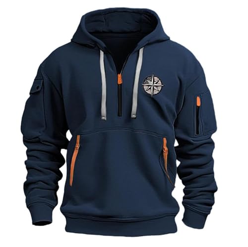 Generisch Fleece Pullover Herren 1/4 Zip Hoodie Cargo Arbeitspullover mit Multi-Taschen Vintage Kapuzenpullover Retro Fleecepullover Langarm Sweatshirt mit Fleece Übergangsjacke Winter 2024 Pulli von Generisch