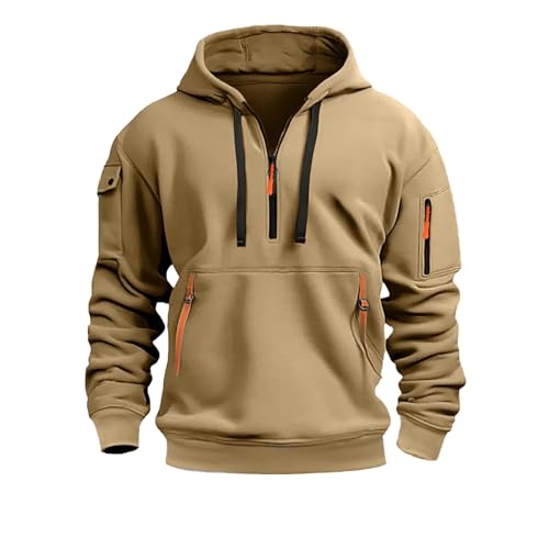 Generisch Fleece Pullover Herren 1/4 Zip Hoodie Cargo Arbeitspullover mit Multi-Taschen Vintage Kapuzenpullover Retro Fleecepullover Langarm Sweatshirt mit Fleece Übergangsjacke Winter 2024 Pulli von Generisch