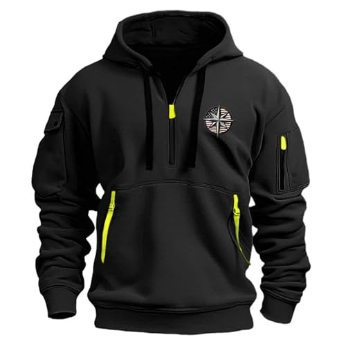 Generisch Fleece Pullover Herren 1/4 Zip Hoodie Cargo Arbeitspullover mit Multi-Taschen Vintage Kapuzenpullover Retro Fleecepullover Langarm Sweatshirt mit Fleece Übergangsjacke Winter 2024 Pulli von Generisch