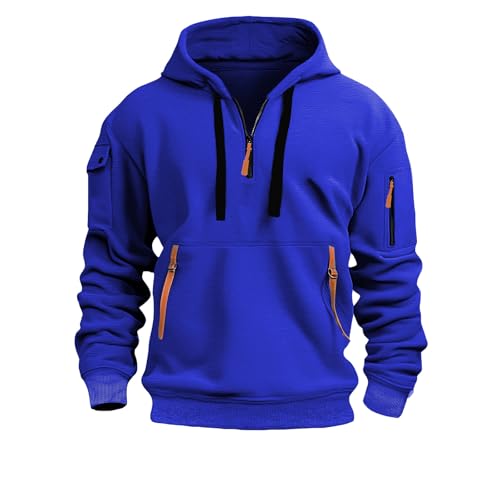 Generisch Fleece Pullover Herren 1/4 Zip Hoodie Cargo Arbeitspullover mit Multi-Taschen Vintage Kapuzenpullover Retro Fleecepullover Langarm Sweatshirt mit Fleece Übergangsjacke Winter 2024 Pulli von Generisch
