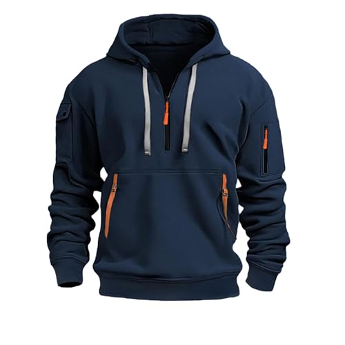 Generisch Fleece Pullover Herren 1/4 Zip Hoodie Cargo Arbeitspullover mit Multi-Taschen Vintage Kapuzenpullover Retro Fleecepullover Langarm Sweatshirt mit Fleece Übergangsjacke Winter 2024 Pulli von Generisch