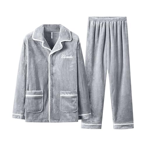 Generisch Fleece Schlafanzug Herren Lang Winter Warm Pyjama Set Hausanzug Kuschelig Zweiteilig Set Nachtwäsche Pyjamaset Langarm Shirt & Schlafanzughose Schlafanzüge für Herren mit Taschen von Generisch