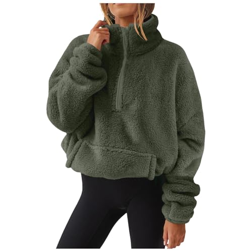 Generisch Fleecejacke Damen,Reißverschluss Ausschnitt Pullover Mit Tasche Teddy Fleece Hoodie Warm Teddyjacke Stehkragen Sweatjacke Winterjacke Weich Übergangsjacke Komfort Mantel Plüschjacke Jacken von Generisch