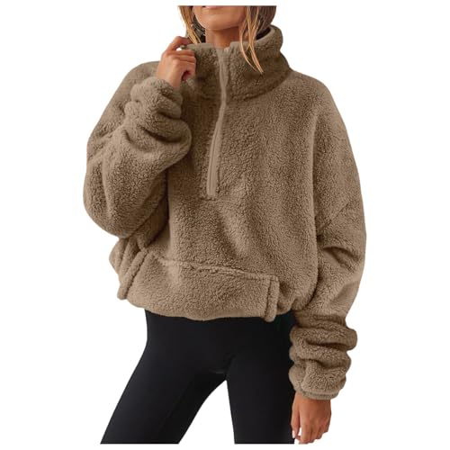Generisch Fleecejacke Damen,Reißverschluss Ausschnitt Pullover Mit Tasche Teddy Fleece Hoodie Warm Teddyjacke Stehkragen Sweatjacke Winterjacke Weich Übergangsjacke Komfort Mantel Plüschjacke Jacken von Generisch