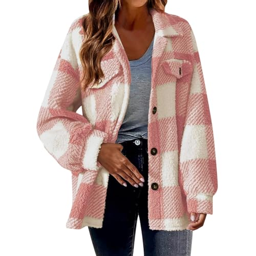 Generisch Fleecejacke Damen GroßE GrößE Casual Farbblock Plüsch Feece Jacke Button Down Lose Bluse Warmer Mantel Winterjacke Lose Warme Wolle Outdoorjacke Basic Casual Style übergangsjacke Steppjacke von Generisch