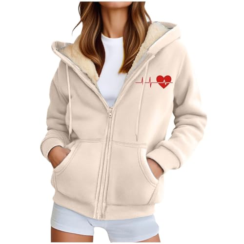 Generisch Fleecejacke Damen Hoodie Fleece Sweatjacke Herbst Winter Sweatshirt mit Kapuze Muster Kapuzenpullover Zipper Kapuzenjacke Warm Mantel Merino teddyjacke Damen von Generisch