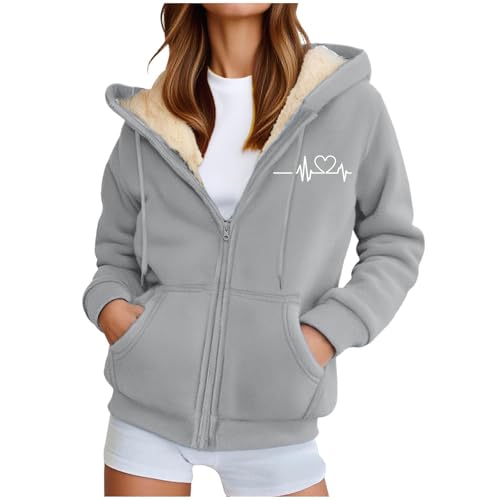 Generisch Fleecejacke Damen Hoodie Fleece Sweatjacke Herbst Winter Sweatshirt mit Kapuze Muster Kapuzenpullover Zipper Kapuzenjacke Warm Mantel Merino teddyjacke Damen von Generisch