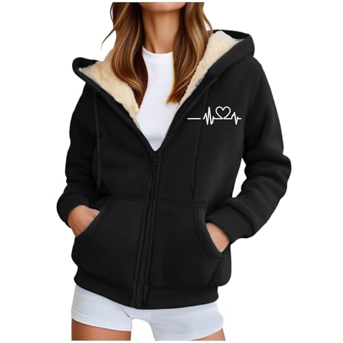 Generisch Fleecejacke Damen Hoodie Fleece Sweatjacke Herbst Winter Sweatshirt mit Kapuze Muster Kapuzenpullover Zipper Kapuzenjacke Warm Mantel Merino teddyjacke Damen von Generisch