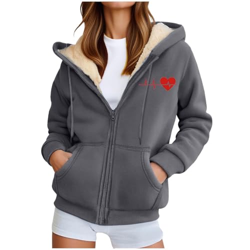 Generisch Fleecejacke Damen Hoodie Fleece Sweatjacke Herbst Winter Sweatshirt mit Kapuze Muster Kapuzenpullover Zipper Kapuzenjacke Warm Mantel Merino teddyjacke Damen von Generisch