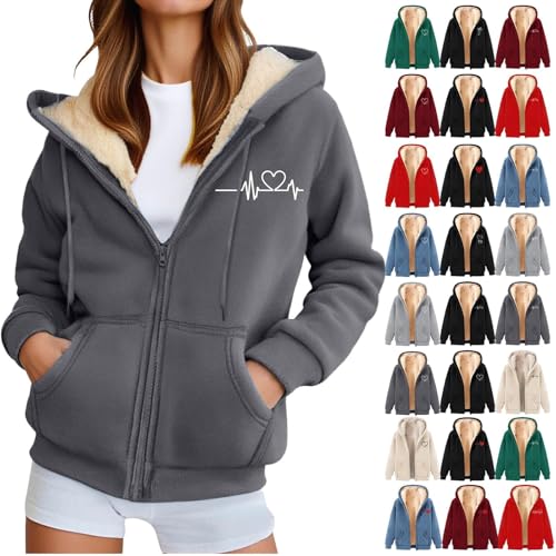 Generisch Fleecejacke Damen Hoodie Fleece Sweatjacke Herbst Winter Sweatshirt mit Kapuze Muster Kapuzenpullover Zipper Kapuzenjacke Warm Mantel Merino teddyjacke Damen von Generisch