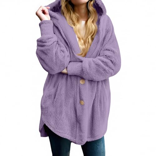 Generisch Fleecejacke Damen Hoodie Oversize Plüschjacke Teddyjacke Langarm Teddy Mantel Warm Kapuzenjacke Cardigan Winter Teddy Jacke Herbst Übergangsjacke Casual Sweatshirt 1#Lila L von Generisch