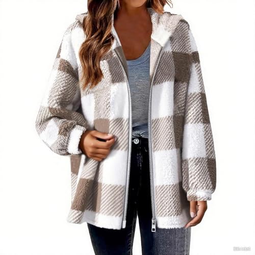 Generisch Fleecejacke Damen Karierte Herbstjacke Damen Elegant Dünn Leicht Teddyjacke Fleece Übergangsjacke Knöpfen Hemdjacke Revers Kuscheljacke Mit Taschen Herbstjacke Outdoorjacke von Generisch