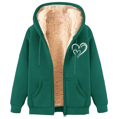 Generisch Fleecejacke Damen Mit Kapuze Herz Aufdruck Hoodie Langarm Sweatjacke Mit Reißverschluss Und Taschen Winter Fleece Warm Kapuzenjacke Zipper Kapuzenpullover Weich Sweatshirt Grün XXXXL von Generisch