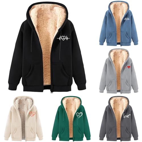 Generisch Fleecejacke Damen Mit Kapuze Herz Aufdruck Hoodie Langarm Sweatjacke Mit Reißverschluss Und Taschen Winter Fleece Warm Kapuzenjacke Zipper Kapuzenpullover Weich Sweatshirt Schwarz M von Generisch