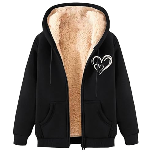 Generisch Fleecejacke Damen Mit Kapuze Herz Aufdruck Hoodie Langarm Sweatjacke Mit Reißverschluss Und Taschen Winter Fleece Warm Kapuzenjacke Zipper Kapuzenpullover Weich Sweatshirt Schwarz XL von Generisch