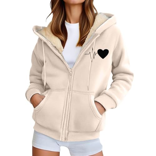 Generisch Fleecejacke Damen Mit Kapuze Kapuzenpullover Damen Mit Zipper Warm Kapuzenjacke Sweatjacke Fleecepullover Reißverschluss Teddyfleece Übergangsjacke Beige Xl von Generisch