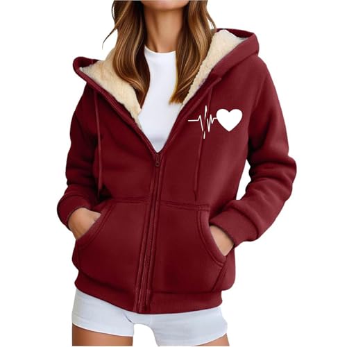 Generisch Fleecejacke Damen Mit Kapuze Kapuzenpullover Damen Mit Zipper Warm Kapuzenjacke Sweatjacke Fleecepullover Reißverschluss Teddyfleece Übergangsjacke Bordeauxrot Xxl von Generisch