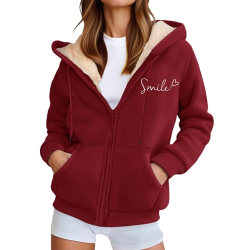 Generisch Fleecejacke Damen Mit Kapuze Kapuzenpullover Damen Mit Zipper Warm Kapuzenjacke Sweatjacke Fleecepullover Reißverschluss Teddyfleece Übergangsjacke Bordeauxrot Xxl von Generisch