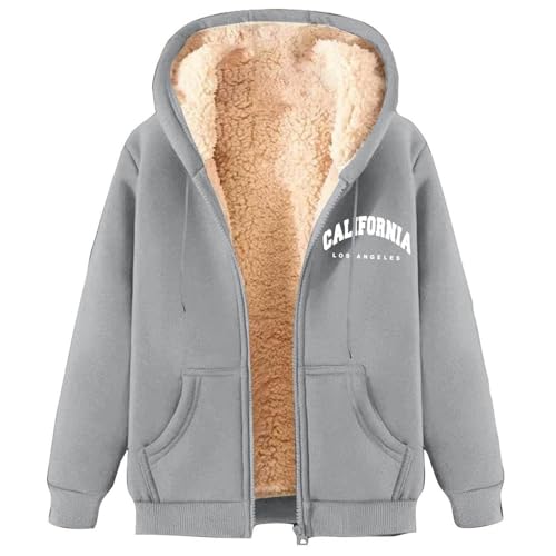Generisch Fleecejacke Damen Mit Kapuze Outdoor Hoodie Fleece Sweatjacke Herbst Winter Sweatshirt Mit Reißverschluss New York Muster Kapuzenpullover Zipper Kapuzenjacke Warm Mantel 03-Hellgrau XXL von Generisch