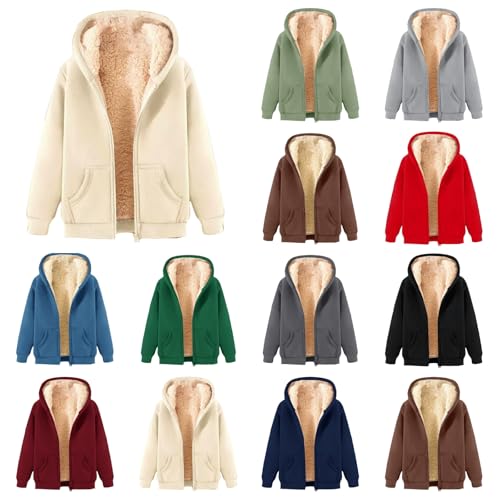 Generisch Fleecejacke Damen Mit Kapuze Oversize Full Zip Y2K Hoodie Warm Winter Sweatshirt Plain Long Sleeve Pullover Plus Size Outdoor Fleecejacken für Damen von Generisch