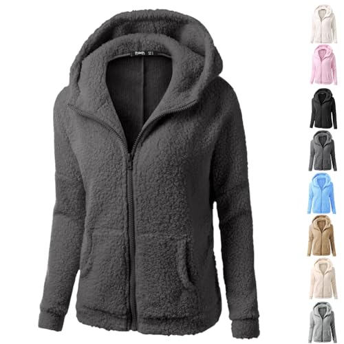 Generisch Fleecejacke Damen Winter Teddy Jacke Herbst Kapuzenpullover,Warme Plüschjacke Mit Kapuze Sweatshirt Große Größen Übergangsjacke Tasche Flauschig Teddyjacke Damen-Jacken von Generisch