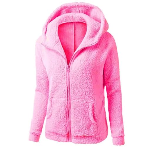 Generisch Fleecejacke Damen Winter Teddyjacke Wintermantel mit Reißverschluss Einfarbig Kuscheljacke Casual Einfachheit Übergangsjacke Mode Plüschjacke Große Größen Langarm Kapuzenjacke von Generisch