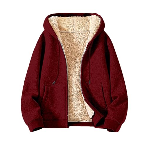 Generisch Fleecejacke Damen Winterjacke Kapuzenjacke Kapuzenpullover Zipper Hoodie Damen Reißverschluss Outdoorjacke Wintermantel Lang Plüschjacke Winter Fleecemantel Warme Wollmantel Wine 3XL von Generisch