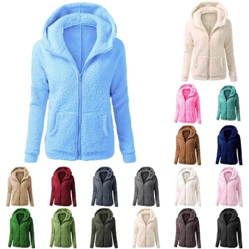 Generisch Fleecejacke Damen Winterjacke Warm Sherpa Jacke Reißverschluss Einfarbige Kapuzenjacke Frau Softshellmantel Elegant Bomberjacke Baumwolle Wollmantel Wanderjacke Sweatjacke Plüschjacke von Generisch