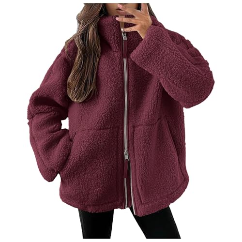 Generisch Fleecejacke Damen Winterjacke Warm Übergangsjacke Flauschige Plüschjacke Reißverschluss Wintermantel Revers Teddyjacke Outdoor Jacken Sportlich Kuscheljacke Oversize Damenjacke Outwear 2024 von Generisch