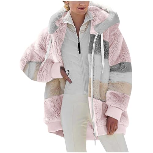 Fleecejacke Damen Winterjacke mit Taschen Hoodie Sweatjacke Einfarbig Strickjacke Kapuzenjacke Warm Wintermantel Teddy Fleece Jacke Oberteile Fellmantel Freizeit Outwear Reißverschluss Mantel Rosa L von Generisch