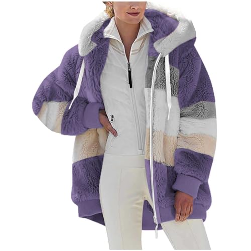 Fleecejacke Damen Winterjacke mit Taschen Hoodie Sweatjacke Einfarbig Strickjacke Kapuzenjacke Warm Wintermantel Teddy Fleece Jacke Oberteile Fellmantel Outwear Reißverschluss Mantel Lila XXL von Generisch