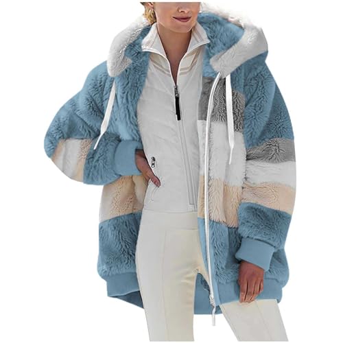 Fleecejacke Damen Winterjacke mit Taschen Hoodie Sweatjacke Einfarbig Strickjacke Kapuzenjacke Warm Wintermantel Teddy Fleece Jacke Oberteile Fellmantel Outwear Reißverschluss Mantel Hellblau XXL von Generisch