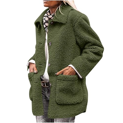 Fleecejacke Damen Winterjacke mit Taschen Strickjacke Winter Sweatjacke Einfarbig Flanellhemd Baumwolle Wintermantel Frauen Mantel Teddy Fleece Jacke Oberteile Freizeit Fellmantel mit Knöpfen Grün L von Generisch