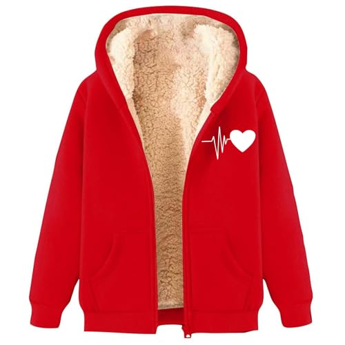 Generisch Fleecejacke Damen Zipper Hoodie Kapuzenpullover Winterjacke Warm Sweatjacke mit Kapuze Kapuzenjacke mit ReißVerschluss Winter Übergangsjacke Drucken Jacke Basic Plüschjacke (002 Rot, 3XL) von Generisch