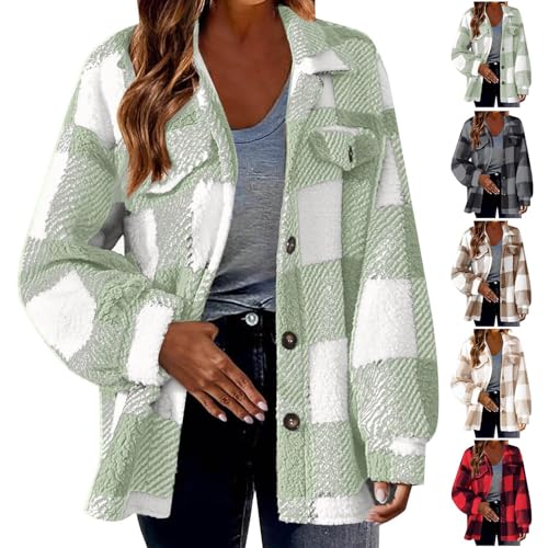 Generisch Fleecejacke Damen mit Kapuze - Karierte Teddyjacke Damen Kapuzenjacke Bequeme Winterjacke Weiche Teddyfleece Plüschjacke Reißverschluss Fleece Mantel Warm Übergangsjacke von Generisch
