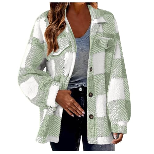 Generisch Fleecejacke Damen mit Kapuze - Karierte Teddyjacke Damen Kapuzenjacke Bequeme Winterjacke Weiche Teddyfleece Plüschjacke Reißverschluss Fleece Mantel Warm Übergangsjacke von Generisch