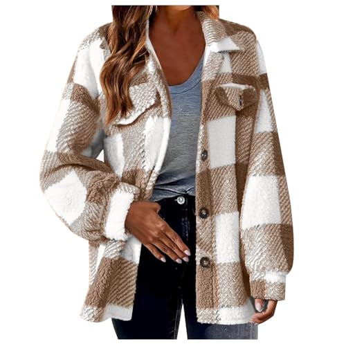 Generisch Fleecejacke Damen mit Kapuze - Karierte Teddyjacke Damen Kapuzenjacke Bequeme Winterjacke Weiche Teddyfleece Plüschjacke Reißverschluss Fleece Mantel Warm Übergangsjacke von Generisch