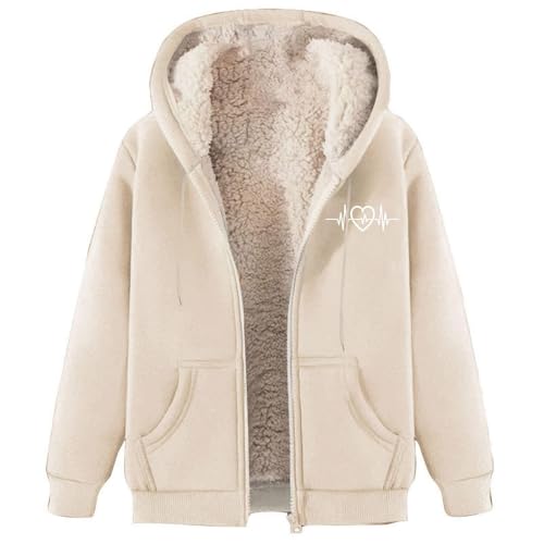 Generisch Fleecejacke Für Damen Winterjacke Reißverschluss Kapuzenjacke Plüschjacke Warme Casual Langarm Kapuzenpullover Mit Taschen Teenager Mädchen Hoodie Sweatjacke 01-Beige M von Generisch