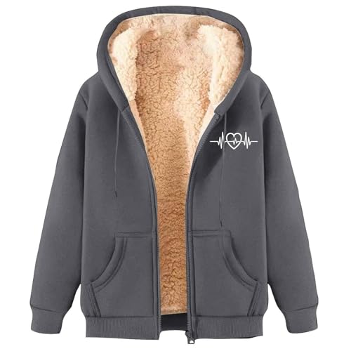 Generisch Fleecejacke Für Damen Winterjacke Reißverschluss Kapuzenjacke Plüschjacke Warme Casual Langarm Kapuzenpullover Mit Taschen Teenager Mädchen Hoodie Sweatjacke 01-Grau 01 L von Generisch