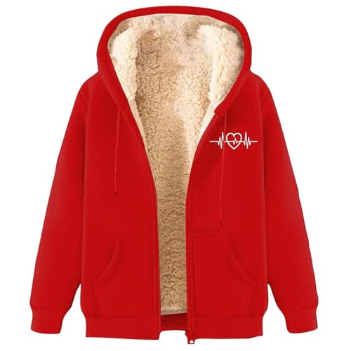 Generisch Fleecejacke Für Damen Winterjacke Reißverschluss Kapuzenjacke Plüschjacke Warme Casual Langarm Kapuzenpullover Mit Taschen Teenager Mädchen Hoodie Sweatjacke 01-Rot 01 5XL von Generisch
