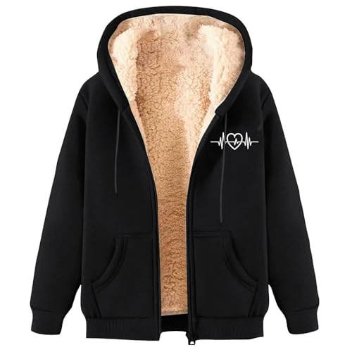 Generisch Fleecejacke Für Damen Winterjacke Reißverschluss Kapuzenjacke Plüschjacke Warme Casual Langarm Kapuzenpullover Mit Taschen Teenager Mädchen Hoodie Sweatjacke 01-Schwarz XL von Generisch