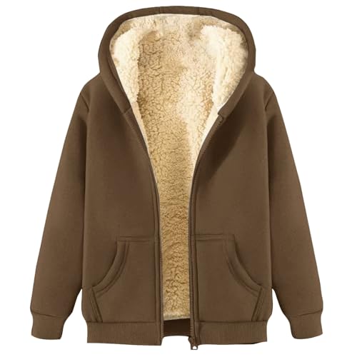 Generisch Fleecejacke Für Damen Winterjacke Reißverschluss Kapuzenjacke Plüschjacke Warme Casual Langarm Kapuzenpullover Mit Taschen Teenager Mädchen Hoodie Sweatjacke 02-Braun L von Generisch