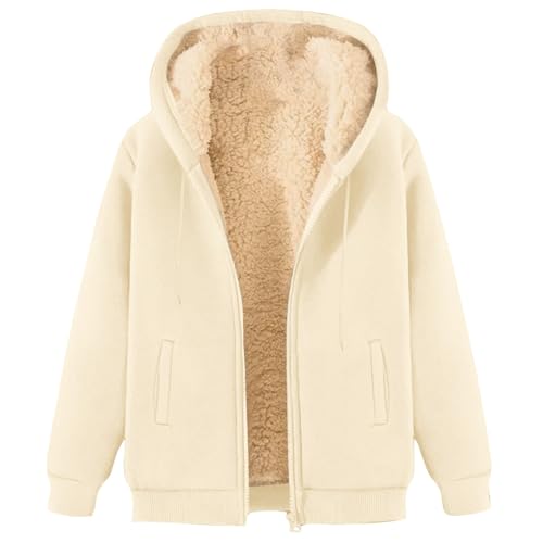 Generisch Fleecejacke Für Damen Winterjacke Reißverschluss Kapuzenjacke Plüschjacke Warme Casual Langarm Kapuzenpullover Mit Taschen Teenager Mädchen Hoodie Sweatjacke 03-Beige L von Generisch