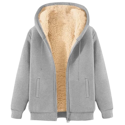 Generisch Fleecejacke Für Damen Winterjacke Reißverschluss Kapuzenjacke Plüschjacke Warme Casual Langarm Kapuzenpullover Mit Taschen Teenager Mädchen Hoodie Sweatjacke 03-Hellgrau M von Generisch