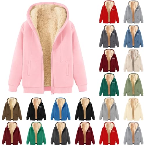 Generisch Fleecejacke Für Damen Winterjacke Reißverschluss Kapuzenjacke Plüschjacke Warme Casual Langarm Kapuzenpullover Mit Taschen Teenager Mädchen Hoodie Sweatjacke 03-Rosa L von Generisch