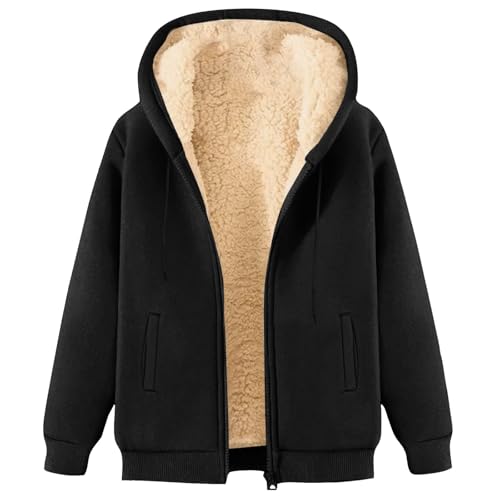 Generisch Fleecejacke Für Damen Winterjacke Reißverschluss Kapuzenjacke Plüschjacke Warme Casual Langarm Kapuzenpullover Mit Taschen Teenager Mädchen Hoodie Sweatjacke 03-Schwarz M von Generisch