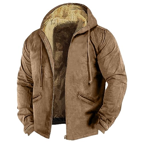 Generisch Fleecejacke Herren, Winter Wasserdichte Winddichte Warme Fleece-Futter Ski Regenmantel Mit Kapuze Black Jacket Men Leder Herren Wintermantel Lang Warm Gefüttert Gothic (3XL, Brown) von Generisch