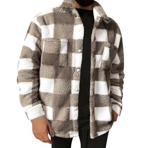 Generisch Fleecejacke Herren Dicke Thermo Winterjacke Karierte Teddyfleece Mantel Warmer Teddyjacke Sherpa Jacke mit Reverkragen Schwergewicht Wollmantel Bequeme Plüschjacke Khaki 3XL von Generisch