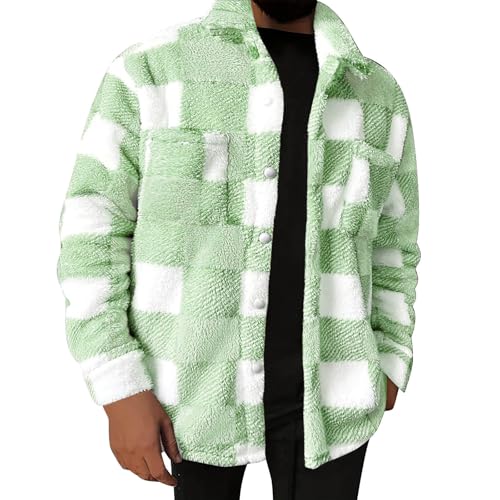 Generisch Fleecejacke Herren Dicke Thermo Winterjacke Karierte Teddyfleece Mantel Warmer Teddyjacke Sherpa Jacke mit Reverkragen Schwergewicht Wollmantel Bequeme Plüschjacke Mintgrün 3XL von Generisch